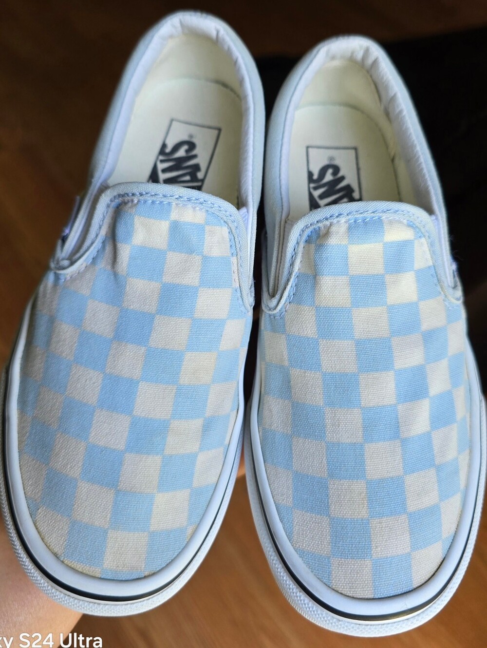 Sz 3.5 Men's/5.0 Women's VANS CLASSIC CHECKERBOARD Light Blue/White Slip-on Shoe - Picture 2 of 8